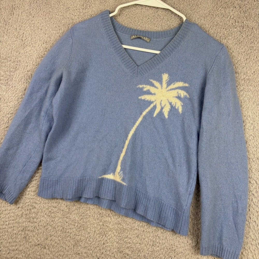 Alashan Sweater Womens Medium Blue Palm Tree 100 Cashmere V Neck Tropical Beach